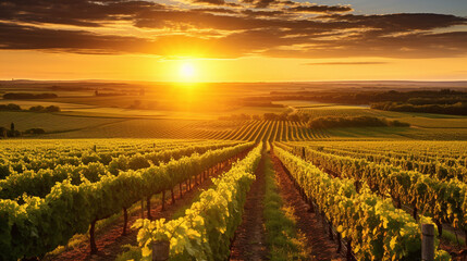 A vast, rolling vineyard in the Bordeaux region, with neat rows of grapevines bathed in golden sunlight - obrazy, fototapety, plakaty