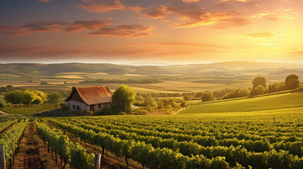 A vast, rolling vineyard in the Bordeaux region, with neat rows of grapevines bathed in golden sunlight