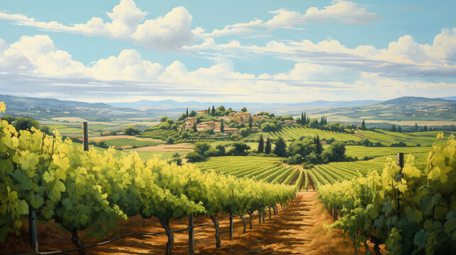 An enchanting vineyard in the heart of Tuscany, with rows of grapevines stretching to the horizon