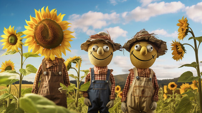 A family of scarecrows standing guard over a sunflower field, their patched clothes flapping in the breeze