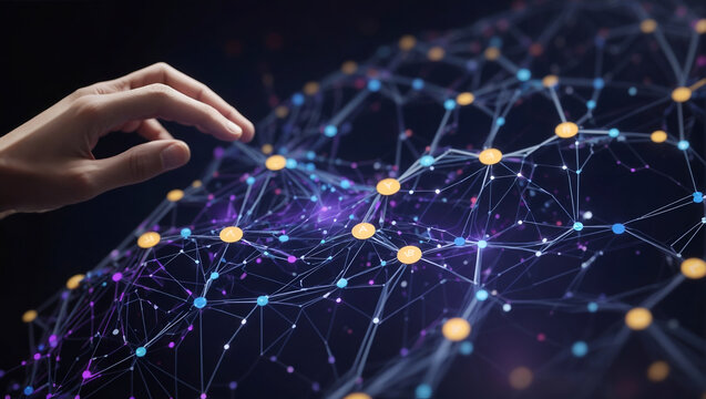 Next generation of technology with AI-powered platform. Hands interact with a complex data structure, digital network of connections.