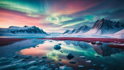 Un impresionante paisaje ártico, con montañas cubiertas de nieve y un lago congelado que refleja los colores vibrantes de la aurora boreal. - obrazy, fototapety, plakaty