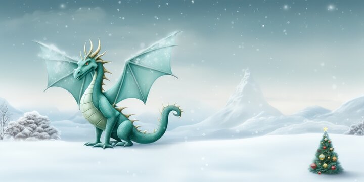 A cute cartoon blue dragon on a snow background and sits next to the little Christmas tree. New year illustration