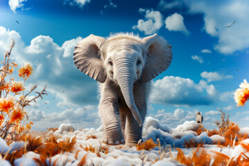 A cute baby elephant in abstract landscape with sky background