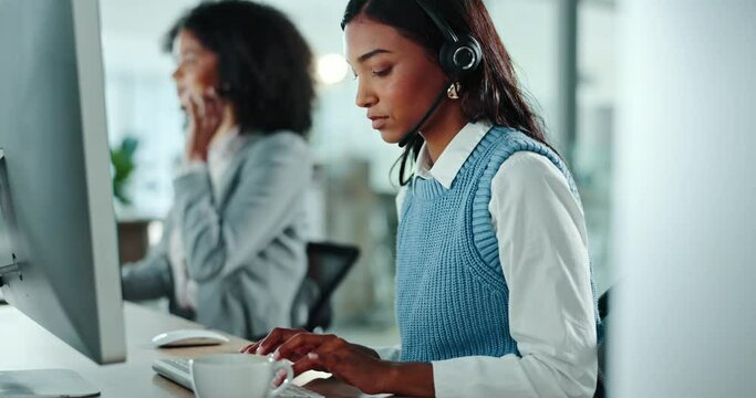 Woman thinking, call center and computer for communication, customer support and virtual solution in office. Young business consultant listening to questions, e commerce feedback and typing advice