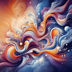A dynamic digital art of an abstract wave pattern. This is a digital art image of an abstract wave-like pattern. The colors are predominantly orange, blue, and white, with some purple and gray. 