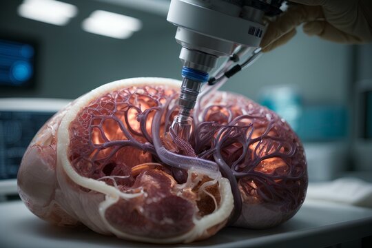 A futuristic brain surgery with a robotic arm. This is a photo-realistic image of a human brain being operated on by a robotic arm
