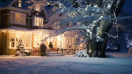 Christmas in the countryside manor, English country house mansion decorated for holidays on a snowy winter evening with snow and holiday lights, Merry Christmas and Happy Holidays