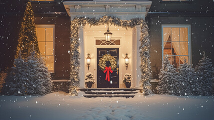 Christmas in the countryside manor, English country house mansion decorated for holidays on a snowy winter evening with snow and holiday lights, Merry Christmas and Happy Holidays