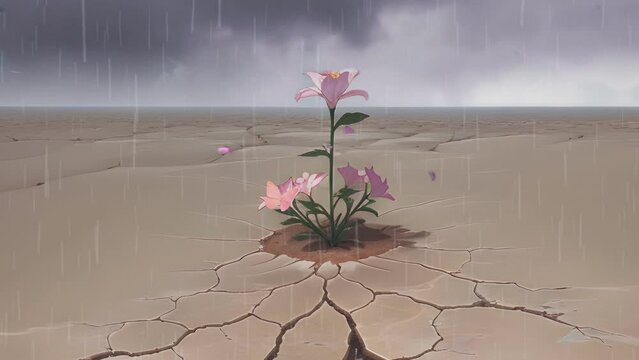 Butterflies fly on a pink flower that grows on dry ground that cracks when it rains. earth day illustration. Cartoon or anime painting style. seamless looping 4K time-lapse virtual video animation