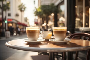 table in the street cafe with two white coffee's cups on rodeo drive - obrazy, fototapety, plakaty