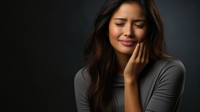 Portrait of young asian woman with tooth pain on gray background