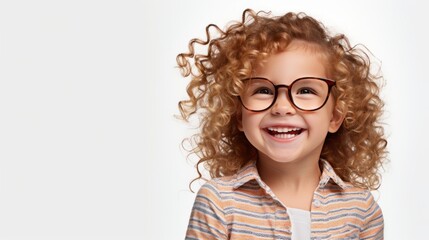 The 5 year old girl with curly blonde hair is happy with her new glasses. Isolated on studio...