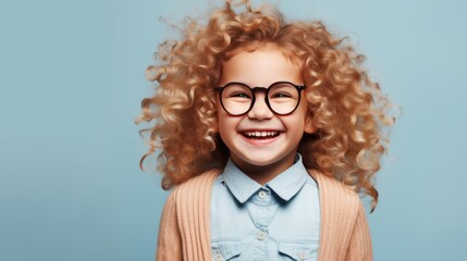 The 5 year old girl with curly blonde hair is happy with her new glasses. Isolated on studio...