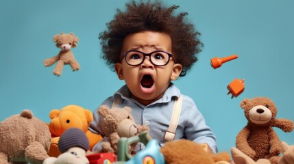 A studio portrait of a crying baby amidst toys. - obrazy, fototapety, plakaty