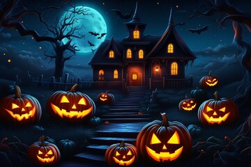Haunting House and Scary Halloween Background with orange pumpkins in full moon night.