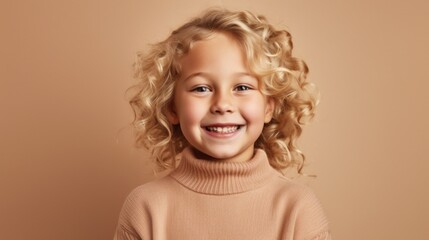 This heartwarming image shows a child's joyful expression against a beige studio background.