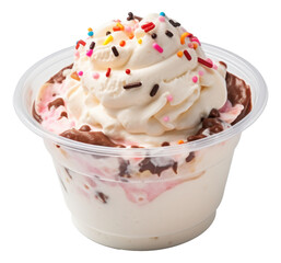 Vanilla ice cream scoop with sprinkles in plastic cup isolated.