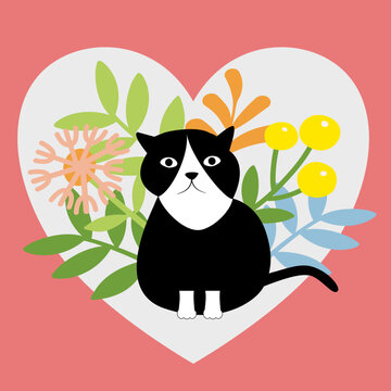Vector of black and white cat sit with background of green plants and flowers