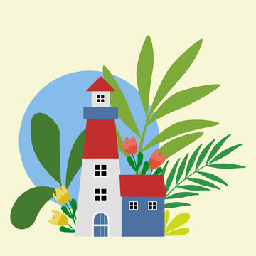 Vector of lighthouse with background of green plants and flowers and blue moon 