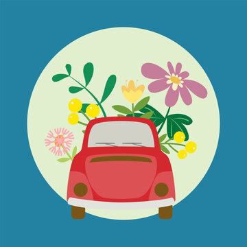 Vector of red car with green plants and flowers in the background