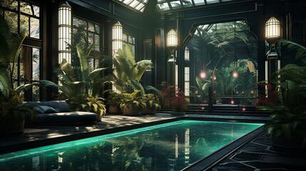 Exotic spa futuristic style botanical garden in art deco design interior at a luxury hotel