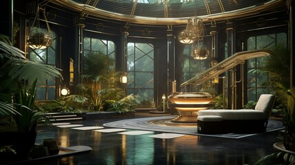 Exotic spa futuristic style botanical garden in art deco design interior at a luxury hotel - obrazy, fototapety, plakaty