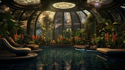 Exotic futuristic style greenhouse spa in art deco design interior at a luxury hotel