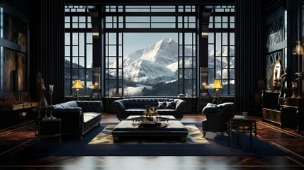 Fotobehang Art deco luxury hall and living room interior in high altitude palace hotel with huge windows with mountain scenery © Nordiah