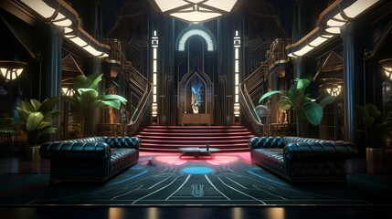 Art deco style futuristic throne room hall interior with a tibetian touch and view to the snowy mountains
