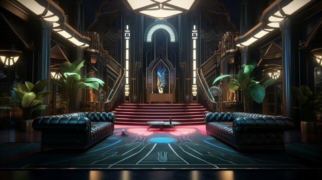 Art deco style futuristic throne room hall interior with a tibetian touch and view to the snowy mountains - Powered by Adobe