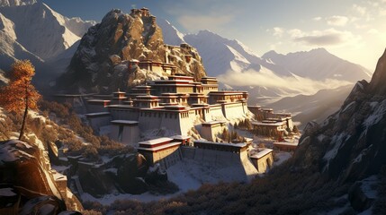 Huge tibetian monastery fortress exterior aerial view in the snowy mountains - obrazy, fototapety, plakaty