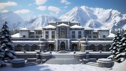 Modern art deco style mansion exterior in high altitude mountains in tibetian design