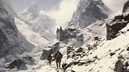 Vintage photo of old climbers of a mountaineer group before peak attack