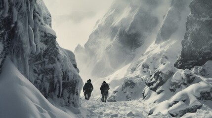 Vintage mountaineers and climbers in the high snowy mountains with old fashioned climbing equipment