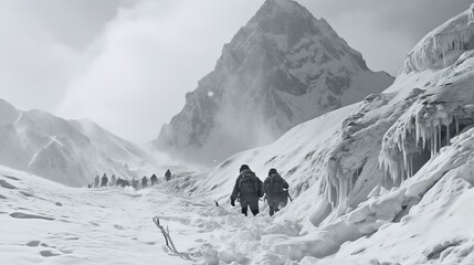 Vintage mountaineers and climbers in the high snowy mountains glacier with old fashioned climbing equipment