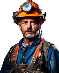 Fototapeta premium Miner, Oil or heavy industry worker with safety helmet and head torch. Portrait with transparent background.