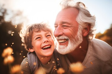 a young boy and an his grandfather are laughing in a field