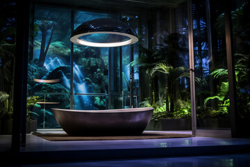A tranquil bathroom. From a rainforest shower to an under-the-sea bath experience, the room utilizes projections and virtual design elements for relaxation