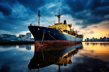 Fototapeta premium A small fishing or cargo ship on the dock in the port. The ship is waiting to sail. A vessel for fishing or transporting small cargoes.
