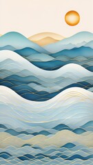 Japanese background with line wave pattern illustration . Abstract art banner with geometric pattern. Mountain and ocean object in oriental style. AI Generate