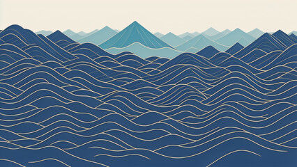 Japanese background with line wave pattern illustration . Abstract art banner with geometric pattern. Mountain and ocean object in oriental style. AI Generate