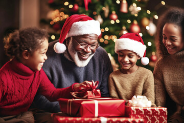 Fototapeta na wymiar Photo of a joyful family unwrapping a Christmas present under a beautifully decorated Christmas tree