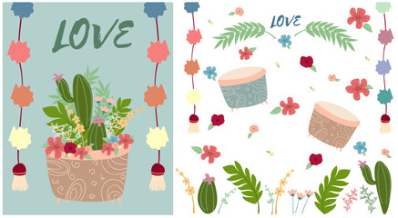 flower card. flower and cacti card summer. flower summer concept. . with isolated vector. flower pot, leaf and cacti flat vector