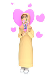 a hijab woman holding flowers is in love, receiving a gift, falling in love. 3d illustration concept
