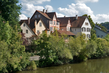 Fototapeta premium Schwäbisch Hall, Germany, September 14th 2023: Old town with half-timbered houses