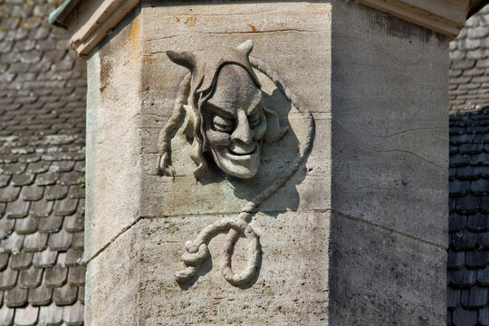 Schwäbisch Hall, Germany, September 14th 2023: image of the devil, relief on historic building