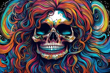 digital drawing of a colorful female skull with colorful long flowing hair