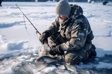 Naklejka premium A man on a winter fishing trip.