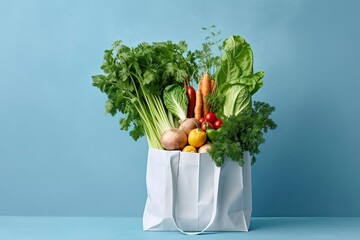 Grocery full bag. white shopping bag with vegetables in light blue background. - obrazy, fototapety, plakaty